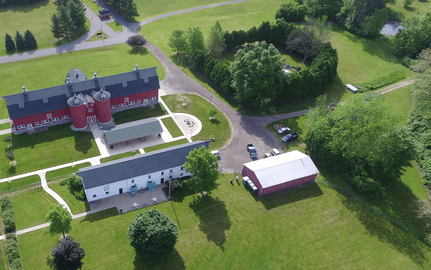 Overhead view of the red barn at St. Pat's Park
